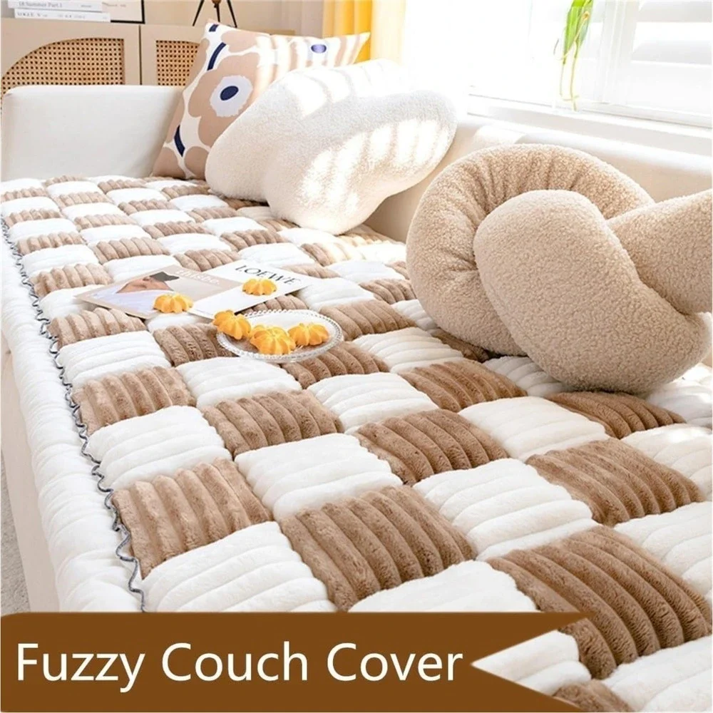 Brown Plaid Fuzzy Couch Cover Dog Pet Mat Protector Flannel 27.6x59.1 in